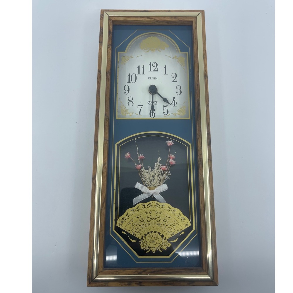 Vtg Elgin Quartz Wall Clock Wood Brass Trim 80s 90s Fan Flowers USA works read